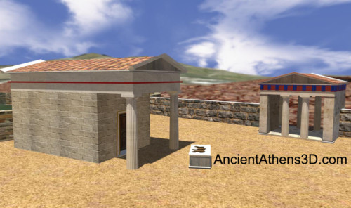 The doric temple with its altar, north of Athena’s temple. On the right lies the Propylon, the main gate of the sanctuary.